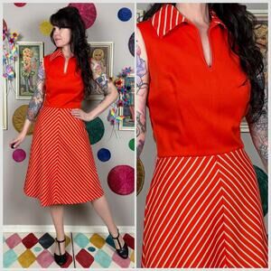 Vintage 1970s Red Striped Sleeveless A-Line Dress